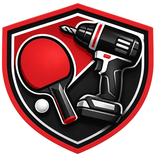 Table Tech shield logo featuring a table tennis bat, ball and cordless drill